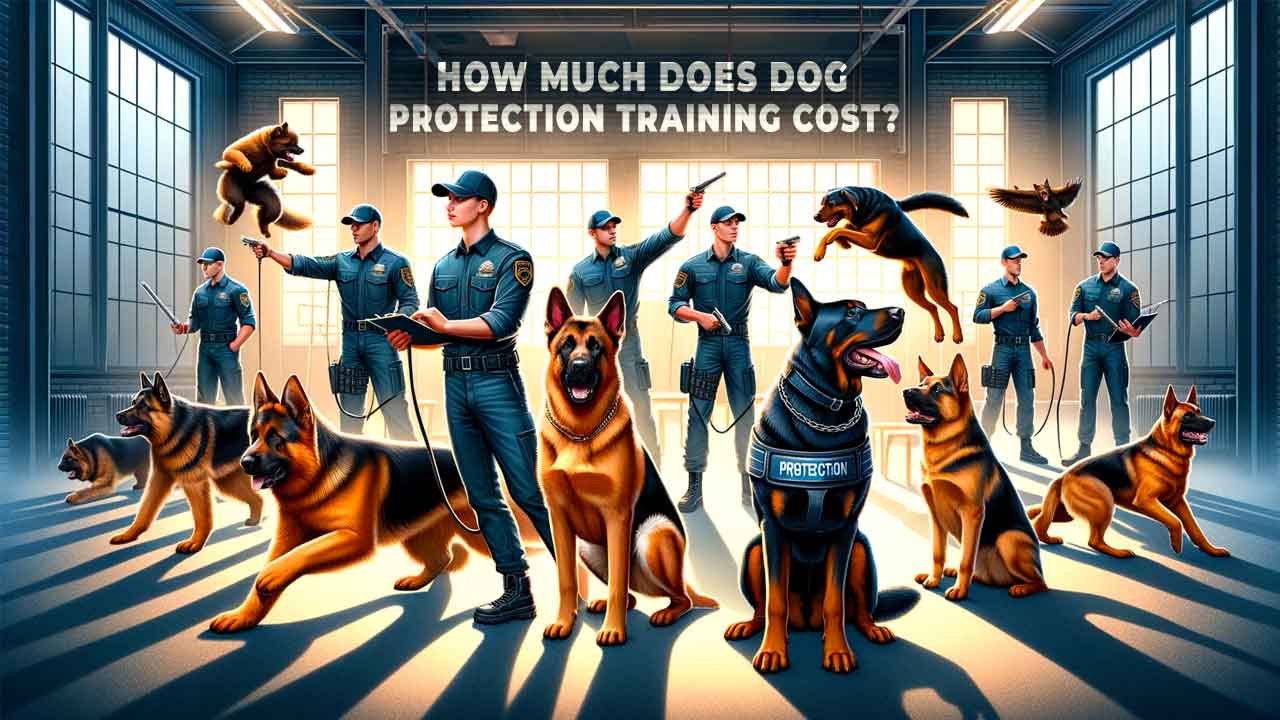 Dynamic featured image for 'How Much Does Dog Protection Training Cost?' showing various breeds like German Shepherds, Rottweilers, and Doberman Pinschers engaged in protection training exercises, with trainers guiding them in a professional training environment, highlighting the effectiveness and discipline of dog protection training.