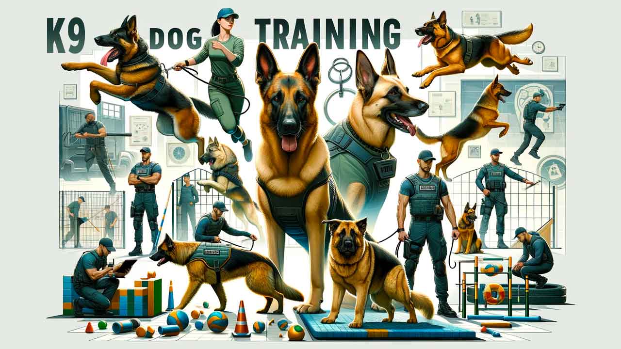 Dynamic image showcasing a variety of K9 dogs, including German Shepherds, Belgian Malinois, and Labradors, engaged in diverse training activities such as obedience, agility, and scent detection, with trainers actively guiding them in different training environments, titled 'K9 Dog Training'